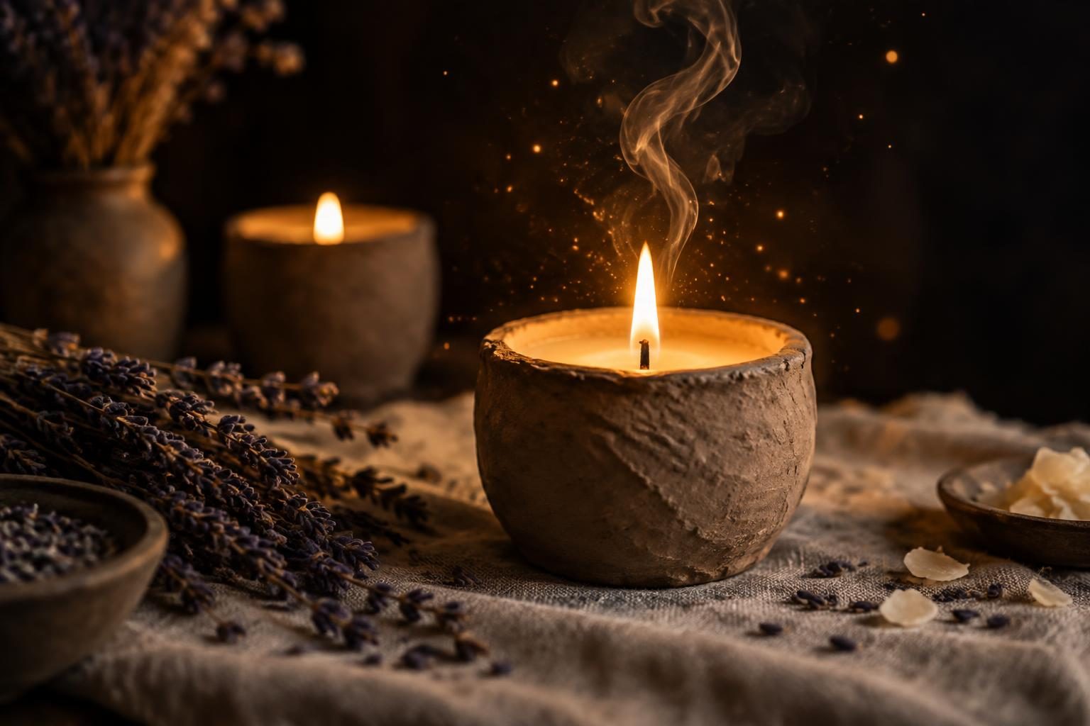 A candle burning in a handmade clay pot, a curl of smoke drifting in warm light beside dried lavender